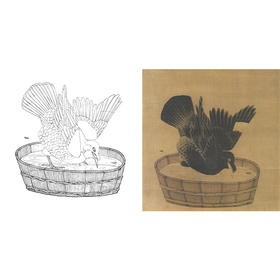 宋画工笔动物白描底稿-宋 李迪-《禽浴图》斗方小品册页-多种白描尺寸可选-X006