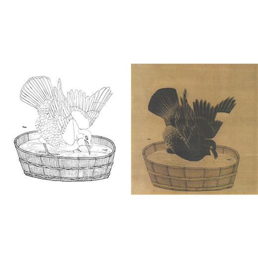 宋画工笔动物白描底稿-宋 李迪-《禽浴图》斗方小品册页-多种白描尺寸可选-X006 商品图0