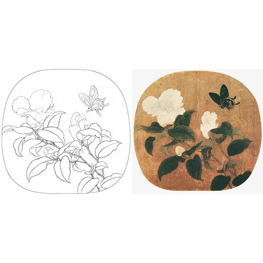宋画小品工笔花鸟白描底稿宋佚名山茶蝴蝶图多种白描尺寸可选x024