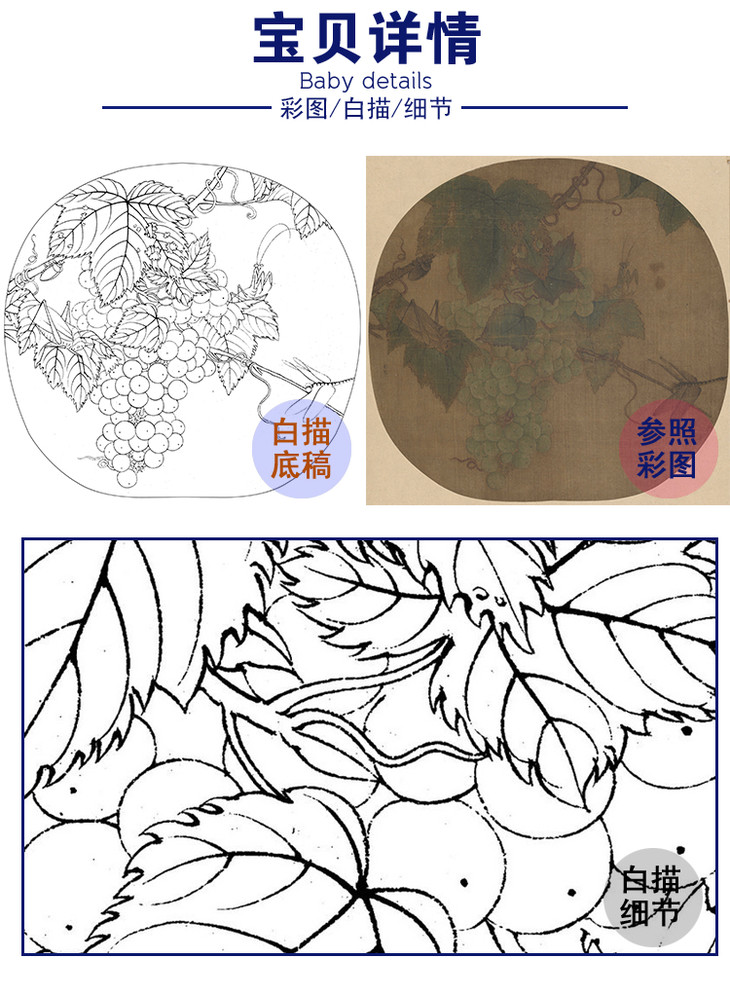宋画小品工笔花鸟白描底稿宋佚名葡萄草虫图x021