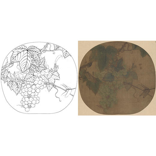 宋画小品工笔花鸟白描底稿宋佚名葡萄草虫图x021