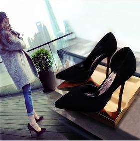 【高跟鞋女】新款春秋夜店性感浅口高跟鞋细跟黑色侧空绒面尖头单鞋女鞋夏
