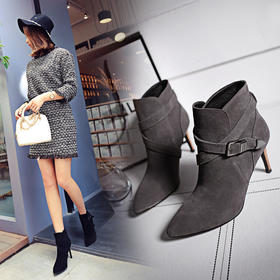 【服饰鞋包】秋冬新款英伦马丁靴磨砂牛皮靴子细高跟低筒女鞋皮带扣皮靴