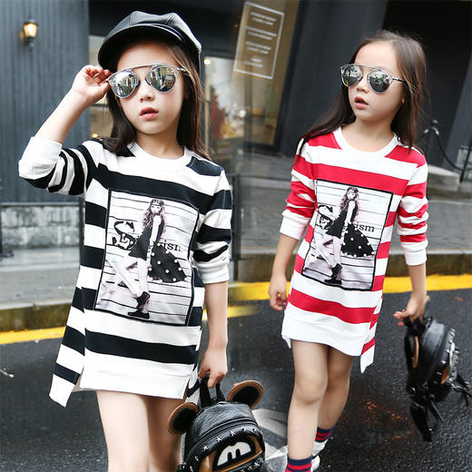【女童T恤】.。秋装新款中大女童T韩版长袖圆领印花个性条纹衬衫全棉打底衫 商品图3