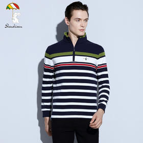 【服饰鞋包】男式长袖纯棉t恤秋季新款条纹立领男装青年直筒型厚款体恤衫上衣