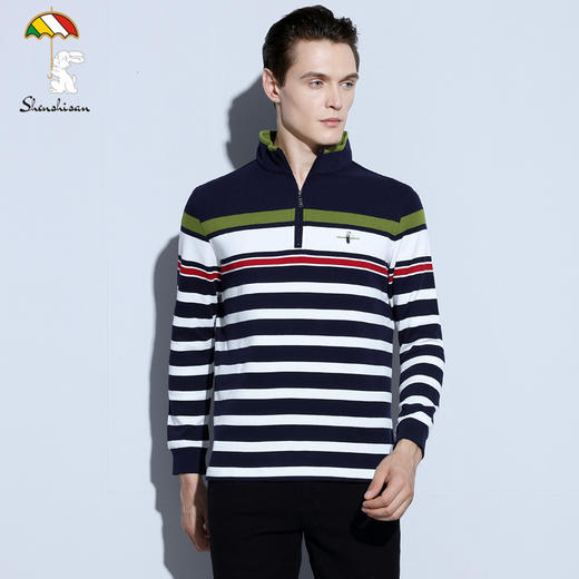 【服饰鞋包】男式长袖纯棉t恤秋季新款条纹立领男装青年直筒型厚款体恤衫上衣 商品图0