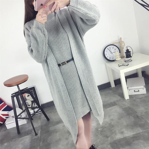 【针织衫女】秋款中长款针织套装二件套女韩版时尚套头毛衣开衫外套潮 商品图0
