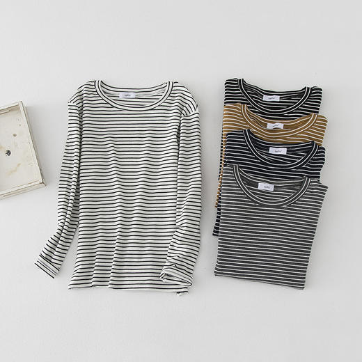 【服饰鞋包】秋冬新品女装条纹长袖女T恤 经典百搭打底衫修身显瘦上衣 商品图4