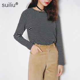 【服饰鞋包】秋冬新品女装条纹长袖女T恤 经典百搭打底衫修身显瘦上衣