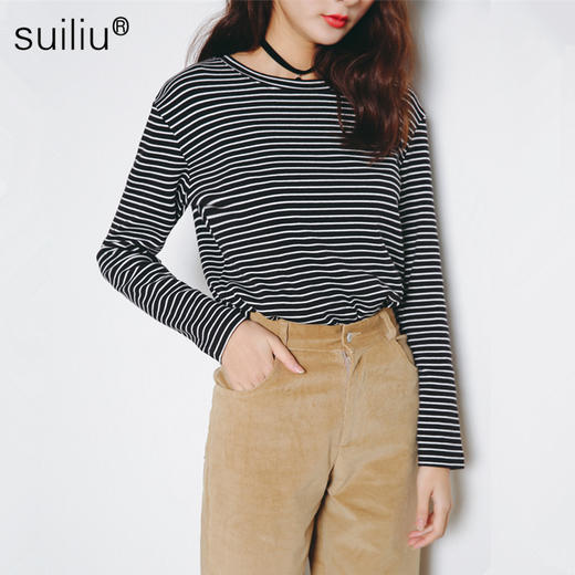 【服饰鞋包】秋冬新品女装条纹长袖女T恤 经典百搭打底衫修身显瘦上衣 商品图0