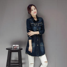 【外套女】。秋季牛仔外套修身时尚单排扣长袖中长款百搭女士外套