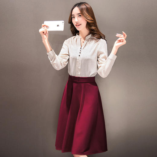 【套装女】秋装新款韩版长袖雪纺上衣修身中长裙时尚套装 商品图1