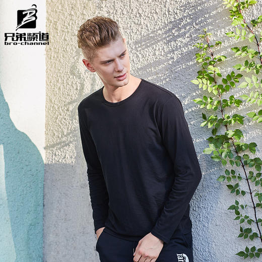 【服饰鞋包】秋季新款莱卡棉圆领长袖T恤男式纯色棉氨纶休闲长袖t恤 商品图0