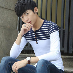 【服饰鞋包】秋冬新款男士T恤衫 纯棉修身条纹修身男式打底衫男装