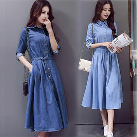 【服饰鞋包】春秋装新款女士长袖连衣裙韩版修身显瘦纯色牛仔中长裙