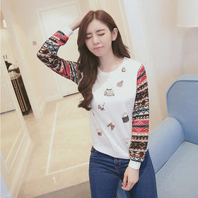 【服饰鞋包】印花T恤女士秋韩版新款大码长袖圆领拼接印花纯棉T恤时尚女装