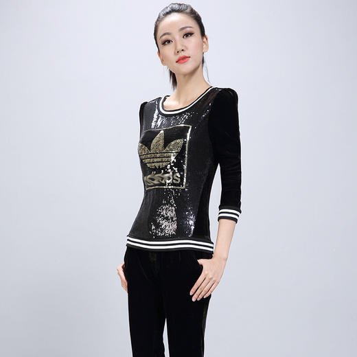 【套装女】东大门秋冬韩版新款天鹅绒运动女装大码亮片两件套棒球服 商品图0