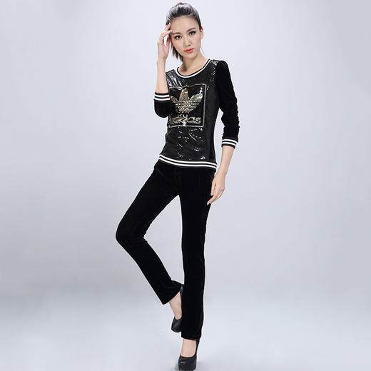 【套装女】东大门秋冬韩版新款天鹅绒运动女装大码亮片两件套棒球服 商品图4