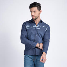 【服饰鞋包】牛仔衬衫男 秋季新款 男装水洗长袖衬衣印花 韩版潮