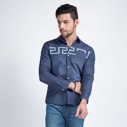 【服饰鞋包】牛仔衬衫男 秋季新款 男装水洗长袖衬衣印花 韩版潮 商品图0