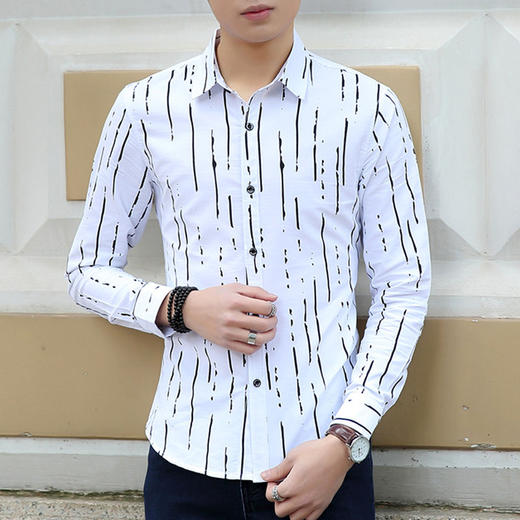 【男士衬衫】。衬衫男式长袖秋季品牌韩版男装衬衣韩版修身条纹男士休闲衬衫 商品图0