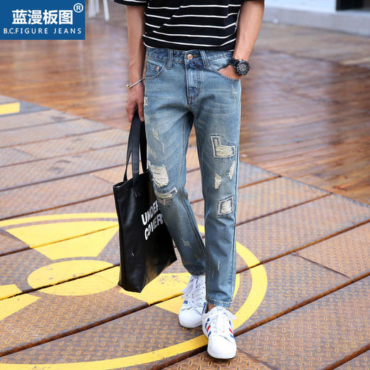 【服饰鞋包】秋季牛仔裤韩版修身小脚裤男士中腰裤水洗破洞铅笔裤九分裤 商品图0