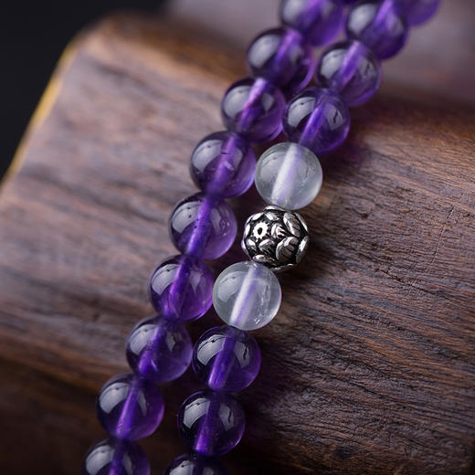 108颗紫水晶配葡萄石莲花银饰佛珠手串手链