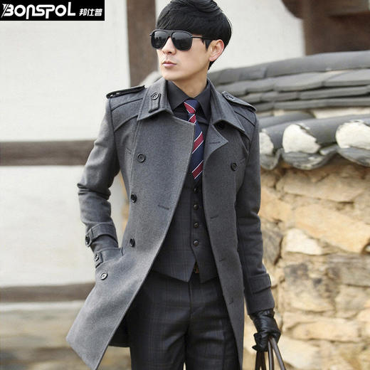【毛呢外套男】。 男士呢子大衣中长款外套韩版修身羊毛呢风衣男加棉加厚呢大衣男 商品图0