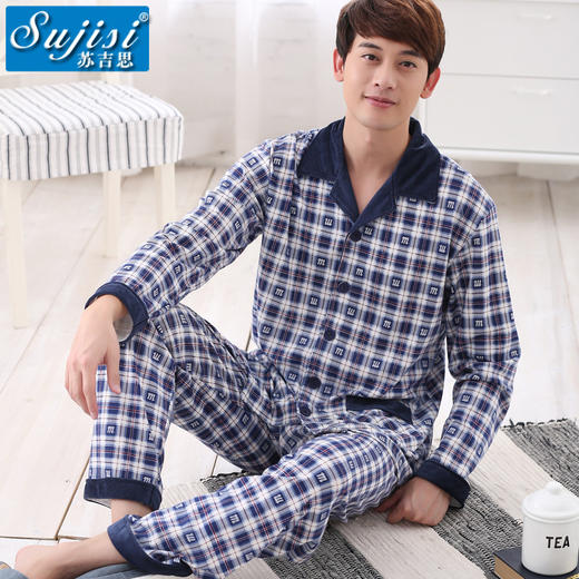 【服饰鞋包】男士长袖家居服秋季新款男式睡衣针织棉翻领条格 商品图0