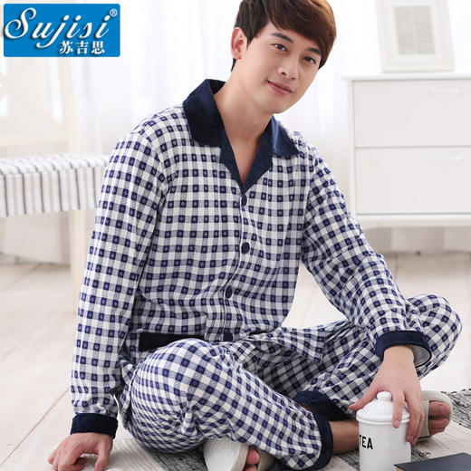 【服饰鞋包】家居服春秋季新款长袖针织棉质翻领男士开衫格子 商品图0