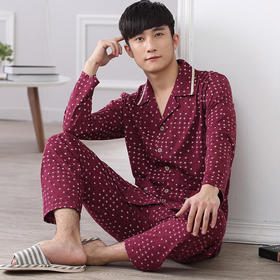 【睡衣男】酒红男士全棉长袖睡衣秋季奢华开衫长袖纯棉青中年家居服套装