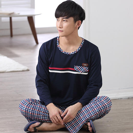【睡衣男】。男士纯棉长袖套头睡衣深蓝青年加肥加大码中年爸爸套装 商品图0