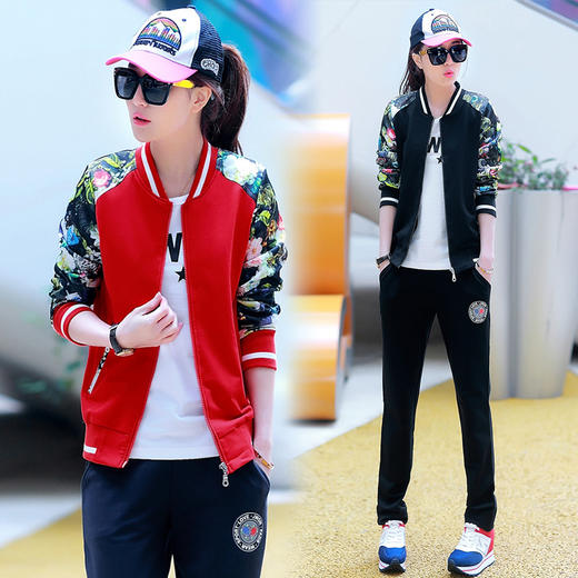 【女士休闲套装】运动套装女装靓丽春秋季韩版卫衣三件套棒球服袖子印花朵运动套装 商品图0