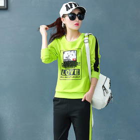 【套装女】宝多芬秋季靓丽女运动服棉质套头运动套装时尚印花条纹女休闲套装