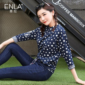 【t恤女】长袖蒽拉秋冬新款女装波点纯棉套头袖标韩版T恤EN018