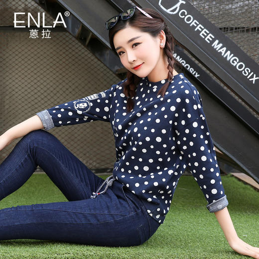 【t恤女】长袖蒽拉秋冬新款女装波点纯棉套头袖标韩版T恤EN018 商品图0
