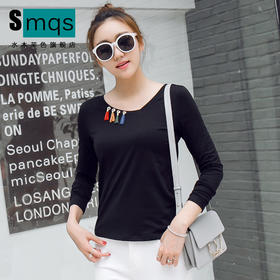 【T恤女】秋冬新款打底衫韩版纯棉打底衣女装流苏装饰百搭纯色圆领潮T