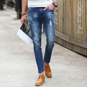 【牛仔裤男】男装夏季新款男式破洞牛仔九分裤青少年小脚裤