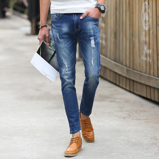 【牛仔裤男】男装夏季新款男式破洞牛仔九分裤青少年小脚裤 商品图0