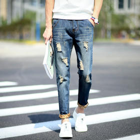 【牛仔裤男】夏季男士破洞牛仔裤韩版男裤青年修身9分九分裤学生裤子潮流