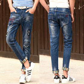 【服饰鞋包】原创男士破洞牛仔裤男韩版哈伦裤 修身小脚男生牛仔九分裤男高弹