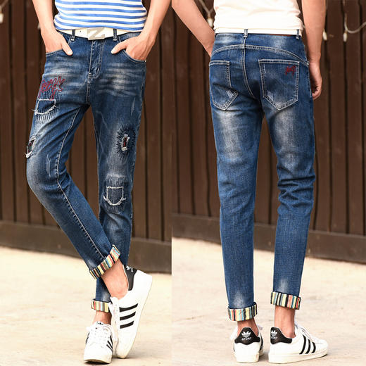 【服饰鞋包】原创男士破洞牛仔裤男韩版哈伦裤 修身小脚男生牛仔九分裤男高弹 商品图0