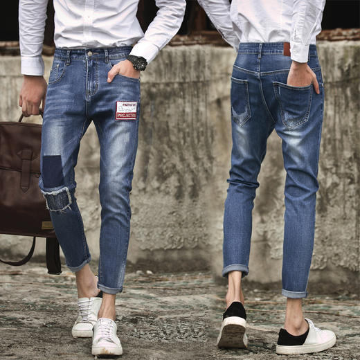 【服饰鞋包】原创男士破洞补丁牛仔裤男韩版 修身小脚男生牛仔九分裤男高弹 商品图0