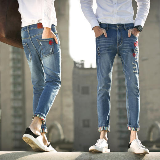 【服饰鞋包】男士破洞绣花牛仔裤男韩版哈伦裤 修身小脚男生牛仔九分裤男高弹 商品图0