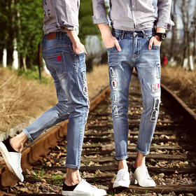 【服饰鞋包】原创个性男士破洞牛仔裤男韩版 修身小脚男生牛仔九分裤男高弹