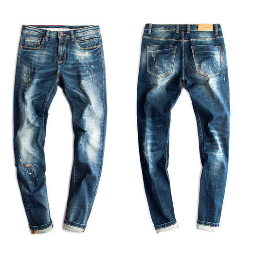 【服饰鞋包】原创男式牛仔裤男韩版潮 潮流甩漆小脚男生牛仔九分裤男秋款 商品图0
