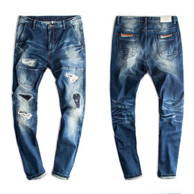 【服饰鞋包】男士破洞补丁牛仔裤男韩版磨白修身小脚男生牛仔裤男秋款