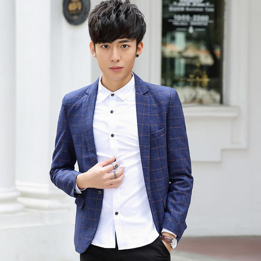 【服饰鞋包】 休闲西装韩版男士青少年小西装修身型男装格子外套 商品图0
