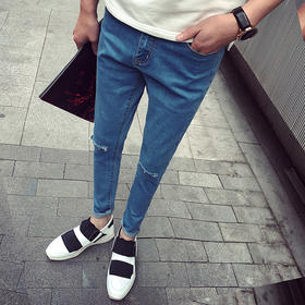 【服饰鞋包】夏季款潮流破洞9分裤子 黑色百搭修身小脚简约男牛仔九分裤