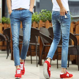 【服饰鞋包】新款薄料男士九分弹力小脚牛仔裤修身破洞休闲铅笔牛仔裤男